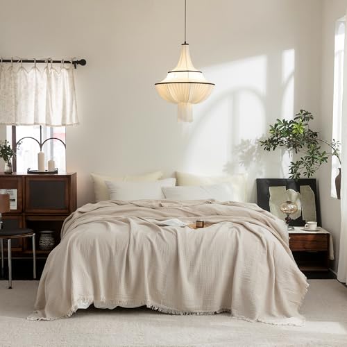 FOSSA Muslin Blanket with Fringe - 4-Layer 100% Cotton Gauze Super Soft & Breathable Throw -Lightweight Decorative Cooling Blanket for Bed, Sofa, Office (Beige, Queen (90" × 90")) - color: Beige, size: Queen (90" × 90")