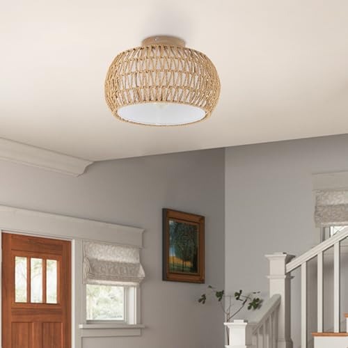 Rattan Light Chandeliers Boho Ceiling Light Fixtures Drum Flush Mount Ceiling Light Small Woven Chandelier for Kitchen Bedroom Hallway Nursery Light Fixture - color: Rattan Drum