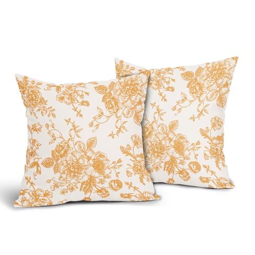 Orange and Cream Floral Pillow Covers 18x18 Inch Set of 2 Vintage Floral Throw Pillow Covers Chinoiserie Flower Pillowcases Rustic Farmhouse Cotton Linen Cushion Covers for Couch Bed Sofa Decor - color: Orange, size: 18" x 18" (Pack of 2)