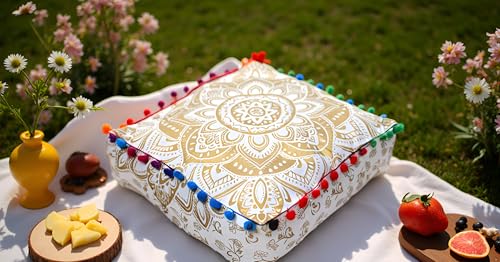 INDIAN CRAFT CASTLE ICC Mandala Barmeri Large Floor Pillow Cover Cushion Meditation Seating Ottoman Throw Cover Hippie Decorative Zipped Bohemian Pouf Ottoman Cases Golden, 18" Square - color: Golden, size: 16"D x 16"W x 5"H