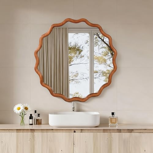 30" Wavy Round Wall Mirror with Solid Wood Frame, Country Irregular Decorative Mirror for Bathroom, Bedroom, Living Room & Entryway, HD Tempered Glass, No Distortion Vanity Mirror (Brown, 30") - color: Brown, size: 30"L x 30"W