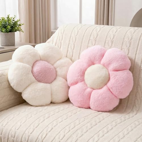 2 Pcs Pink White Throw Pillows Cute Flower Pillow Daisy Flower Shaped Floor Cushions Set, Preppy Decorative Throw Pillows for Girls Bed Bedroom Couch Decor (White & Pink, 15 INCH) - color: White & Pink