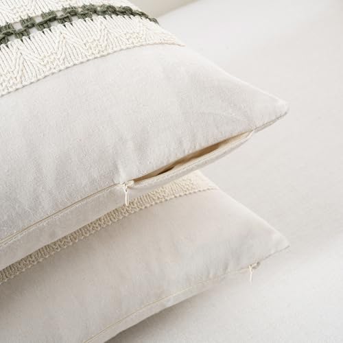 Fancy Homi Set of 1 Boho Olive Green Decorative Throw Pillow Cover 16x16 Inch for Couch Bed Sofa, Aesthetic Modern Organic Farmhouse Home Decor, Soft Cotton Cute Accent Macrame Woven Cushion Case - color: Olive Green, size: 16" x 16" (Pack of 1)