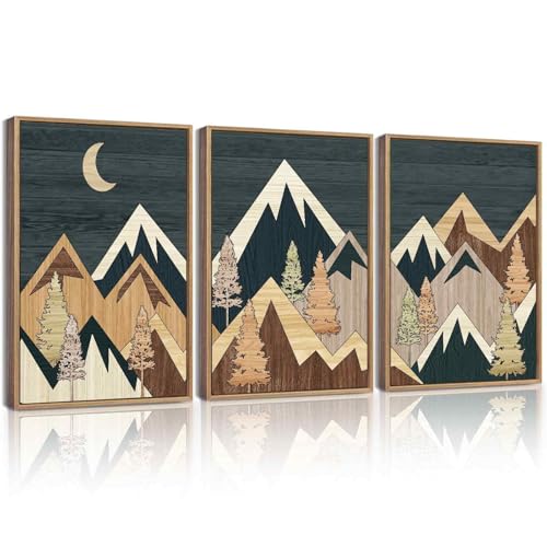 KUVIOKE Morden Mountains Framed Wall Art Boho Pine Tree Forest Nature Landscape Artwork Bohemain Farmhouse Rustic Bedroom Decor 12x16in (Natural Framed) - color: Wood Mountain, size: 12 x 16in x 3 Panels Natural