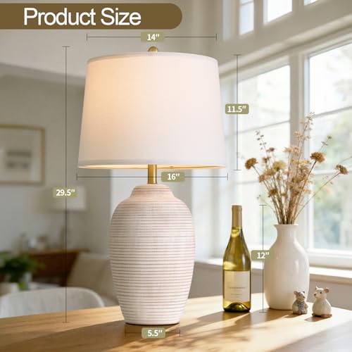 USumkky 29.5" Tall Vintage Ceramic Table Lamp with 5FT Cord - Single Large Rustic Farmhouse Bedside Lamp with Linen Shade & Natural Textured Finish, Nightstand Table Lamp for Bedroom End Table, Beige - color: 29.5" Beige