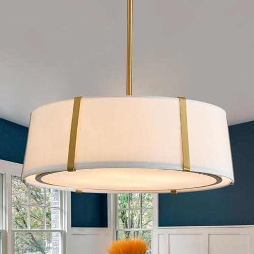 Shrine Lighting Drum Chandeliers, Modern Style, Drum Pendant Light for Living Space, D18'' x H6'', Adjustable Chains 39.4'', E12*4 Sockets, White Lampshade & Brass Finish - color: Brass D18''