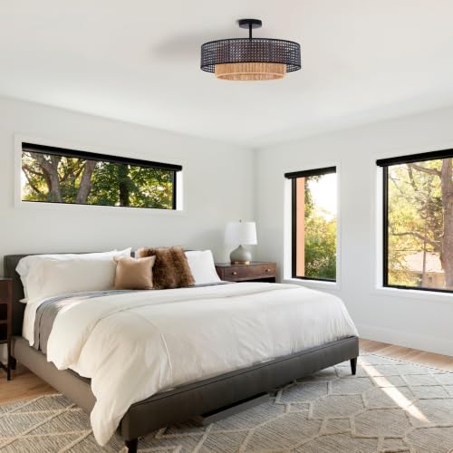 19.7" Black Bohemian Wicker Flush Mount Ceiling Light, Hand-Woven Double Layer Drum Semi-Flush Fixture for Bedroom, Living Room, Dining Room, Hallway & Kitchen - color: 19.7'' Rattan&Hemp rope Black