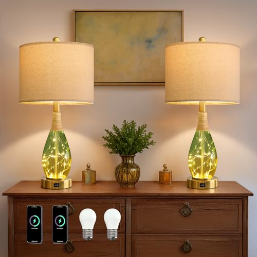 OYEARS 23" Table Lamps Set of 2,Farmhouse Lamps with Glass Nightlight, Bedside Lamps for Living Room, Rattan Lamps for Bedroom Nightstands, Two Light Points - color: Yellow Green