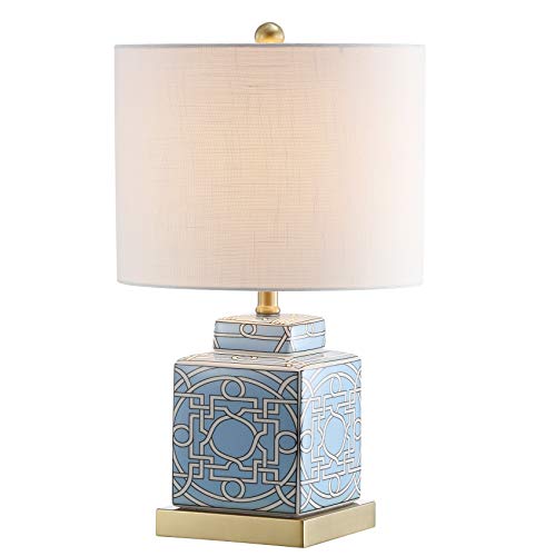 JONATHAN Y 22" Blue/White Modern Ceramic Ginger Jar Table Lamp for Nightstand, Square Lattice Transitional Chinoiserie Lamp for Living Room, White Linen Shade, LED Bulb JYL3044A - color: Blue/White