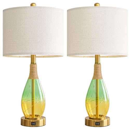 OYEARS 23" Table Lamps Set of 2,Farmhouse Lamps with Glass Nightlight, Bedside Lamps for Living Room, Rattan Lamps for Bedroom Nightstands, Two Light Points - color: Yellow Green
