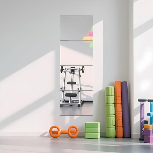 Ruomeng Full Length Wall Mirror Tiles - 12" x 16" x 4Pcs Frameless Full Body Mirror Tiles Wall Mounted Mirror for Home Gym Vanity Bedroom, Living Room - size: 16"x12"-4pcs