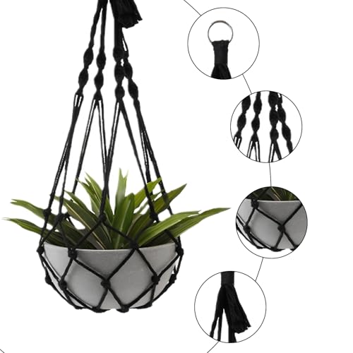 2 Pack Macrame Hanging Planters - Stylish Plant Hangers Crochet Boho Plant Holder Hanging Plant Basket for Up to 8 Inch Pots(Black, Without Patterns) - color: Black, Without Patterns