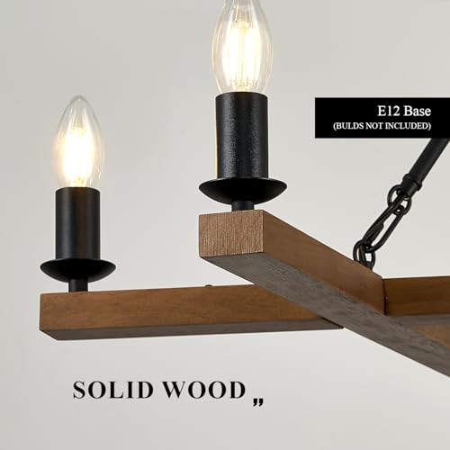 L45'' Rustic Oak Square Wood Chandeliers Farmhouse 6-Light Rectangular Candle Chandelier Unique Long Ceiling Pendant Light for High Ceiling Living Dining Room Foyer Kitchen Island,E12 - color: Golden Oak, size: 45 inches