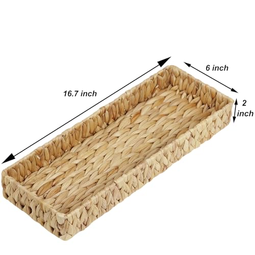 Bathroom Vanity Tray, 16.7 Inch Water Hyacinth Toilet Tank Baskets, Long Wicker Counter Tray for Paper Hand Towel, Bathroom Counter Organizer for Decor Coffee Table (16.7" x 6" x 2") - size: 16.7" x 6" x 2"
