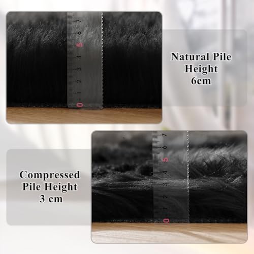 ORINOVA Black Fluffy Faux Sheepskin Washable Fur Area Rugs for Bedroom Living Room Small Shag 2x4 Furry Nursery Rug - color: Black, size: 2' x 4' (Sheepskin Fur)