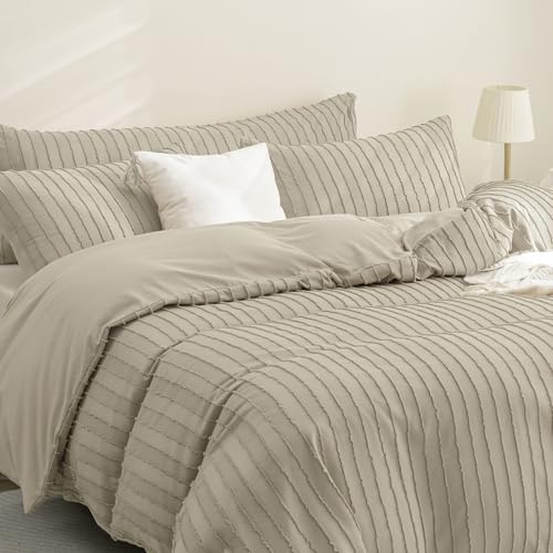 JELLYMONI Duvet Cover Queen Size Khaki - 3PCS Boho Striped Duvet Cover Set Polyester Tufted Bohemian Textured Comforter Cover 90×90in with Corner Ties & Zipper and 2 Pillowcases - color: Khaki-striped, size: Queen(90"×90")
