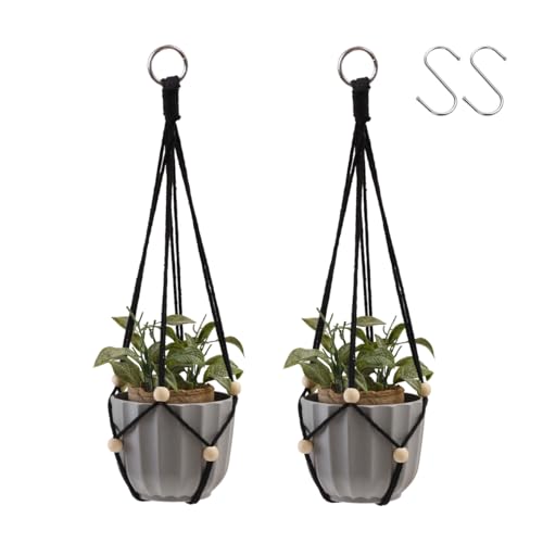 Artilady Black Hanging Planter for Indoor Plants Macrame Plant Hanger Large Hanging Plant Holder Basket with Adjustable Beads Outdoor Window Boho Plant Wall Decor (Black Bead-2pcs) - color: Black Bead-2pcs