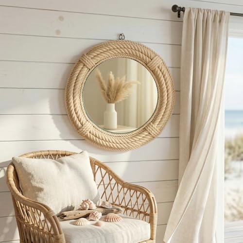12" Inch Round Rustic Farmhouse Boho Shabby Chic Wall Hanging Mirror with Natural Jute Rope Decor Accent for Entryway, Bedroom, or Living Room (Color 4) - color: Color 4
