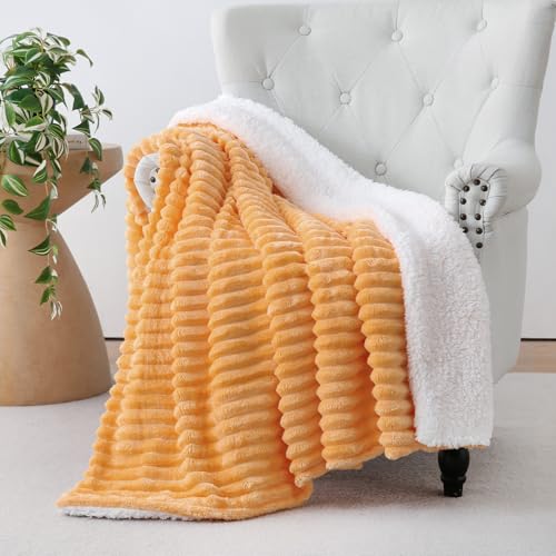 Warm Yellow Sherpa Fleece Throw Blanket 50”×60” for Couch Sofa Bed,Super Soft Cozy Plush Double Side Thick Flannel Blanket with Striped Design Lightweight for Adults,Woman,Girls - color: Warm Yellow, size: 50×60inch