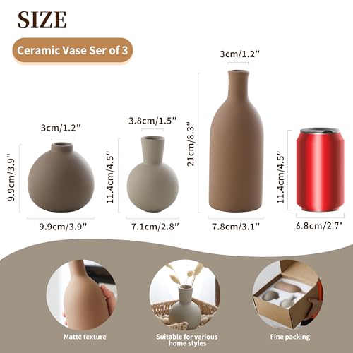 Ceramic Vase Set of 3, Vases Home Decor Rustic Farmhouse Decorative Vase Pottery Vases for Bouquet Pampas Grass Dried Fresh Flowers, Table Living Room Kitchen Bedroom Bathroom - Brown - color: 001-brown