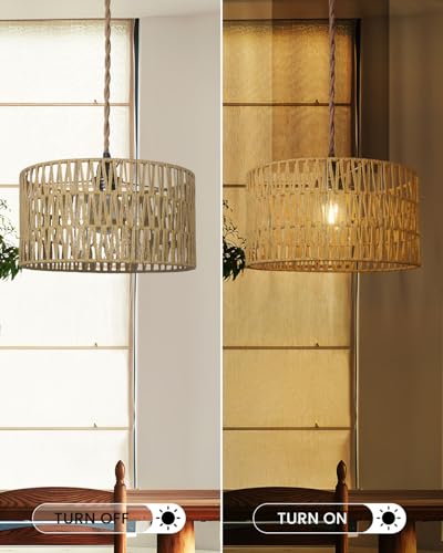 12.6 Inch Boho Hanging Light with Plug in Cord Rattan Hanging Lamp Hand Woven Rattan Wall Lightfor Bedroom, Living Room, Kitchen, Nursery, E26 Base, Indoor,Without Bulb - size: 12.60'' x 6.49''