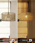 12.6 Inch Boho Hanging Light with Plug in Cord Rattan Hanging Lamp Hand Woven Rattan Wall Lightfor Bedroom, Living Room, Kitchen, Nursery, E26 Base, Indoor,Without Bulb - size: 12.60'' x 6.49''