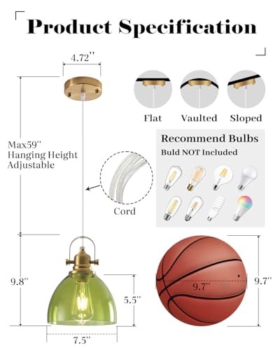 Glass Pendant Lights Kitchen Island, 7.5 inch Green Glass Pendant Lights, Vintage Pendant Lighting 1-Pack,Farmhouse Kitchen Island Lights for Kitchen, Bedroom, Living Room, Bathroom - color: Clear Glass-Green+Cord, size: 1-Pack