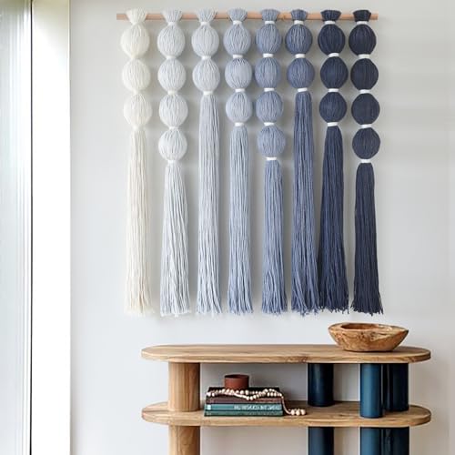 IOWER Macrame Wall Hanging Blue Yarn Wall Art Tassel Wall Decor with Knotted Ball Design Bohemian Wall Decor for Living Room Bedroom Home Backdrop 27" W x 31" L - color: Blue