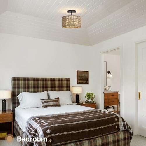 Boho Light Fixtures Ceiling Mount,12.6" Rattan Ceiling Light Fxiture,3-Light Semi Flush Mount Light Fixture,Farmhouse Wicker Ceiling Light for Hallway Bedroom Kitchen Nursery Entryway