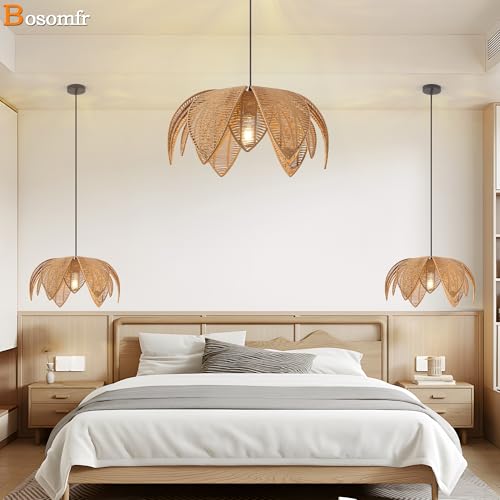 Hand Woven Rattan Chandelier, Boho Pendant Light 19.68 inches Wicker Light Fixture Suitable for Dining Room, Kitchen, Living Room, Farmhouse,E26 Lamp Base - size: 19.68''