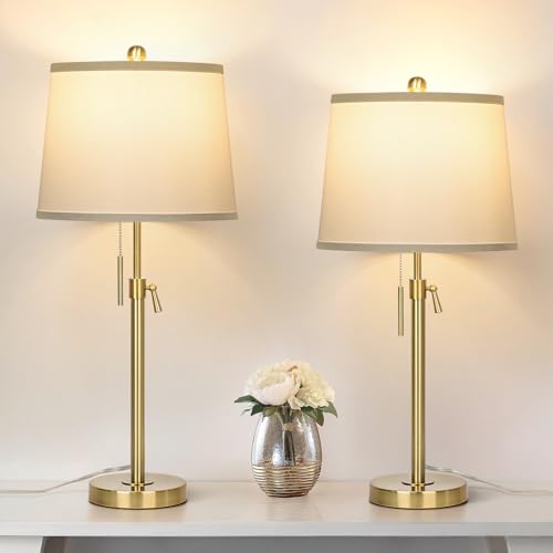 JUNNAI 2 Pack 22"-30" Adjustable Height Table Lamps Set, Modern Gold Table Lamps with White Shade 3 Colour Temperature Pull Chain Tall Lamps for Living Room Bedroom Bedside End Table Nightstand - color: Gold+White Shade Set of 2