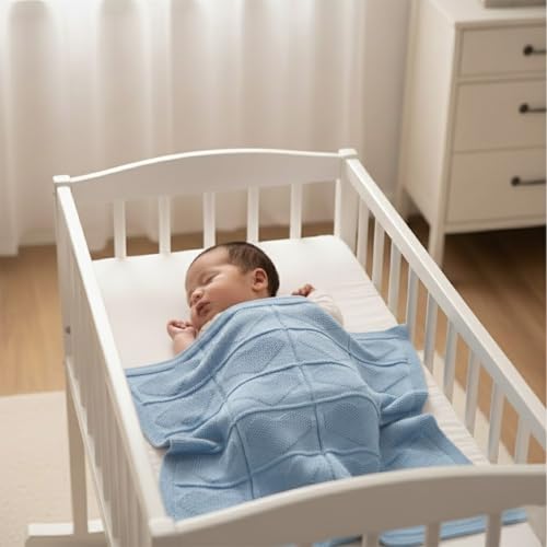 Baby Knit Cotton Blanket Baby Blue Heart Pattern Soft Breathable Throw for Crib Or Stroller Nursery Gift Baby Shower Birthday Christmas Size 30x30 - color: Baby Blue, size: 30"x30"