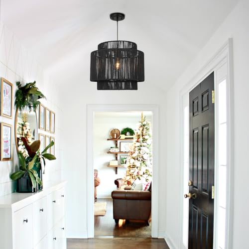 16 Inch Large Natural Simple Hand Weaved Rattan Pendant Lamp, Coastal Beach Black Rope Hanging Pendant Light Fixture for Dining Room Living Room Bedroom Kitchen Foyer - size: 6719