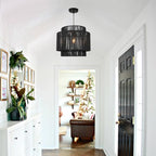 16 Inch Large Natural Simple Hand Weaved Rattan Pendant Lamp, Coastal Beach Black Rope Hanging Pendant Light Fixture for Dining Room Living Room Bedroom Kitchen Foyer - size: 6719