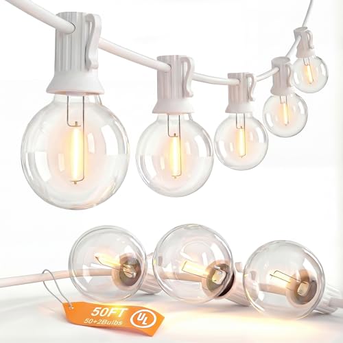 SUNSGNE G40 Globe White String Lights Outdoor - 100FT White Patio Lights with 52 Shatterproof Dimmable LED Bulbs(2 Spare) for Room Party Bistro Pergola Tents Decor - color: Warm White-White, size: 100FT