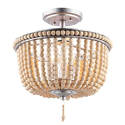 JONATHAN Y 14" Antique Silver/Light Taupe Wood Beaded LED Semi Flush Mount Light, Boho Farmhouse 3-Light Ceiling Chandelier with Cream Wood Bead Shade for Nursery, Bedroom (JYL9020B) - color: Antique Silver/Light Taupe