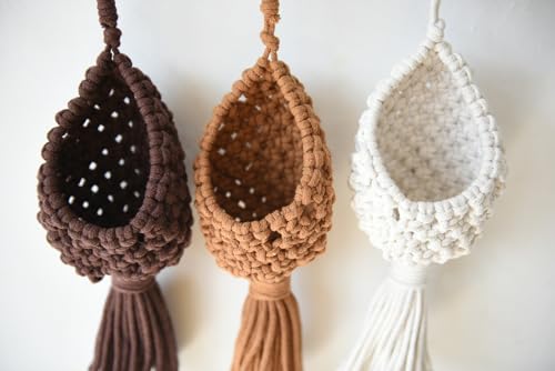 Macrame Basket Decor Set of 3 Boho Basket Decor for Home Macrame Wall Hanging Storage Baskets for Living Room, Bedroom, Entryway Handmade Boho Art, Rustic Home Decor ﻿