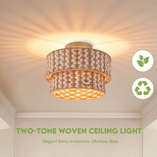 Boho Light Fixtures 2-Tier Rattan Ceiling Light Handwoven Drum Lamp Shade Flush Mount Ceiling Light Wooden Canopy Small Chandelier for Hallway Entryway Bedroom Kitchen Nursery Lights - color: 2-tone