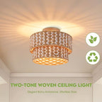 Boho Light Fixtures 2-Tier Rattan Ceiling Light Handwoven Drum Lamp Shade Flush Mount Ceiling Light Wooden Canopy Small Chandelier for Hallway Entryway Bedroom Kitchen Nursery Lights - color: 2-tone