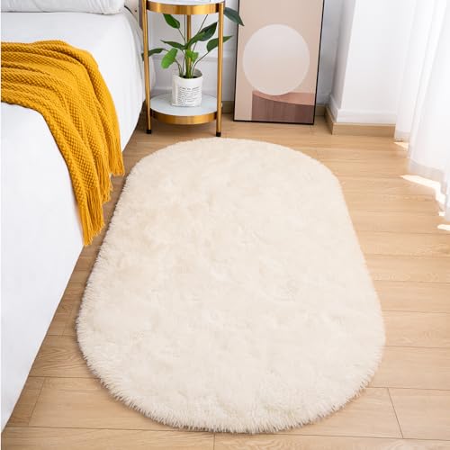 Goideal Fluffy Bedroom Rug, Small Oval Area Rugs, Cream Shag Bedside Carpet for Kids Room Nursery Dorm Cute Fuzzy Indoor Decor for Boy and Girl, 2.6 x 5.3 Feet - color: Cream