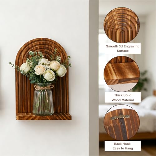 Artilady Arched Shelf Wall Decor Boho Rustic Wood Wall Mounted Shelves for Crystal Candle Plant, Mid-Century Hanging Wall Art for Bedroom Living Room (Dark Brown Wide) - color: Dark Brown Wide