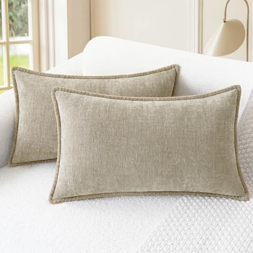 CaliTime Throw Pillow Covers Decorative 12 X 20 Inches Pack of 2 Cotton Thread Stitching Edges Solid Dyed Soft Chenille Cushion Cases for Couch Sofa Bed Living Room Farmhouse Light Taupe - color: Light Taupe, size: 20" x 12" (Pack of 2)