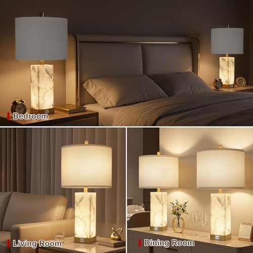 Scenekoy 23" Alabaster Table Lamps Set of 2 for Living Room Bedroom, Bedside Lamps with USB A+C Ports, Modern Table Lamp with Linen Shade for Living Room Bedroom Nightstand (Bulbs Included) - color: White-2