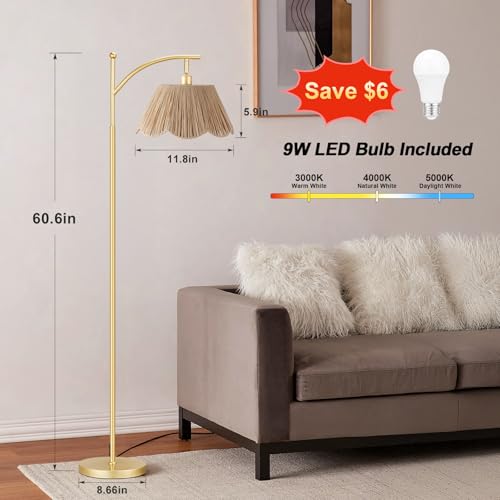 Ambimall 60" Floor Lamps for Living Room with 3 Color Temperatures, Gold Floor Lamp with Rattan Shade, Modern Tall Lamps for Bedroom Office, 9W LED Bulb Included - color: Boho & Gold