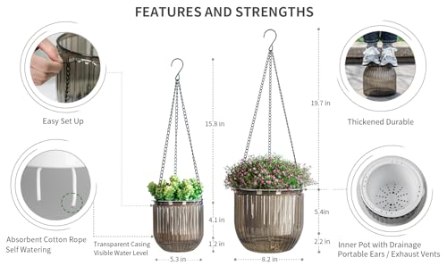 Josteve 5.2/8.2 Inch 2 Pcs Self Watering Hanging Planter Indoor Plant Pots Drainage Holes, Outdoor Small Hanging Planters Flower Pot Basket, Visible Water Level, Plant Hanger Home Decor, Gardening - color: Gray, size: 2*5.2/8.2 inch