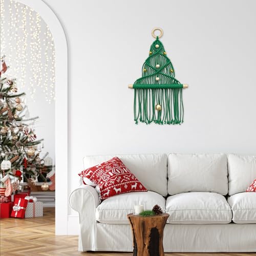 HVEST Green Macrame Christmas Tree Wall Hanging- Macrame Christmas Ornaments- Boho Xmas Gifts- Handmade Woven Tapestry for Bedroom Living Room Holiday Decorations, 16L X 10W - color: Emerald Green