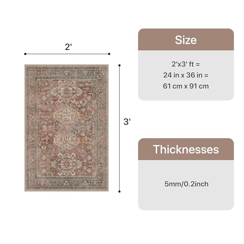 Bavni Washable Entry Rug 2x3, Non Slip Door Mat for Entryway or Kitchen, Vintage Print Low Pile Ultra Thin Indoor Rug, Brick - color: Brick, size: 2' x 3' (Rectangular)