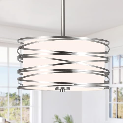 ACNKTZ 12.6'' Brushed Nickel Drum Chandelier, 3-Lights Hanging Dining Room Light Fixtures Over Table, Simple Round Pendant Lighting for Kitchen Island Hallway Bedroom Foyer Bathroom Office - color: Brushed Nickel, size: 12.6"/3-Light