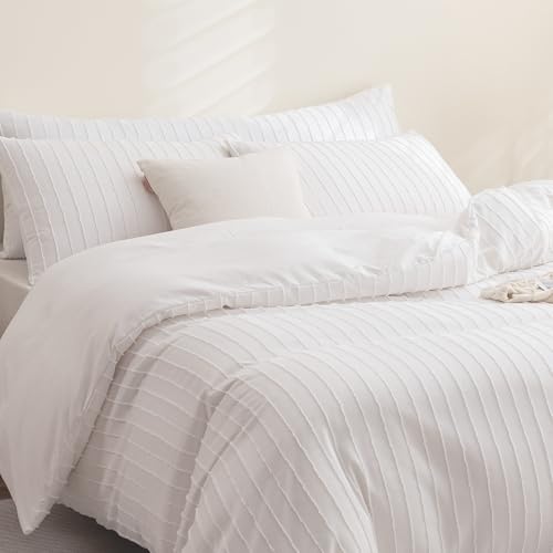 JELLYMONI Bright White Duvet Cover Full Size - 3PCS Microfiber Tufted Duvet Cover Set, Boho Striped Tufted Textured Duvet Cover with Corner Ties & Zipper Closure - color: Bright White-striped, size: Full(80"×90")
