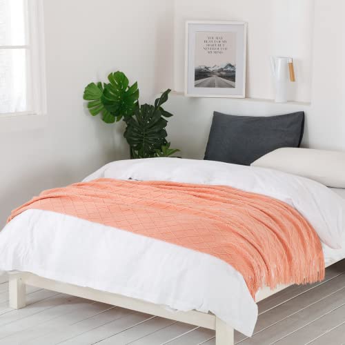 BOURINA Orange Throw Blanket 50x60 Inches Throw Textured Solid Soft Sofa Couch Decorative Knit Blanket - color: Coral, size: 50"x60"